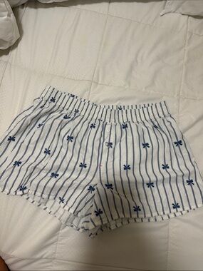 aerie White Boxer Shorts with Blue Pinstripes & Palm Embroidery